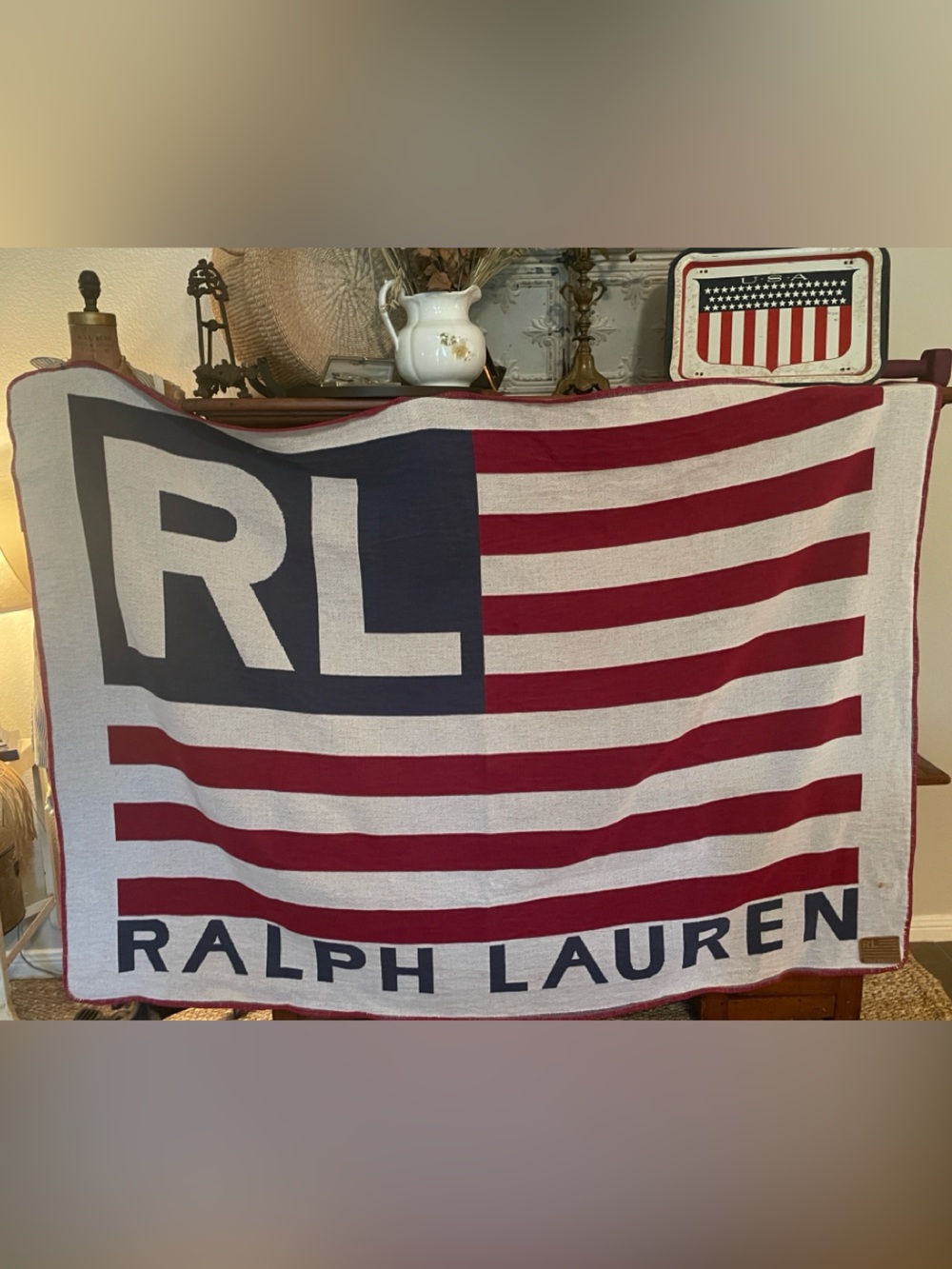 Vintage 1990s Ralph Lauren RL Flag Cotton Blanket